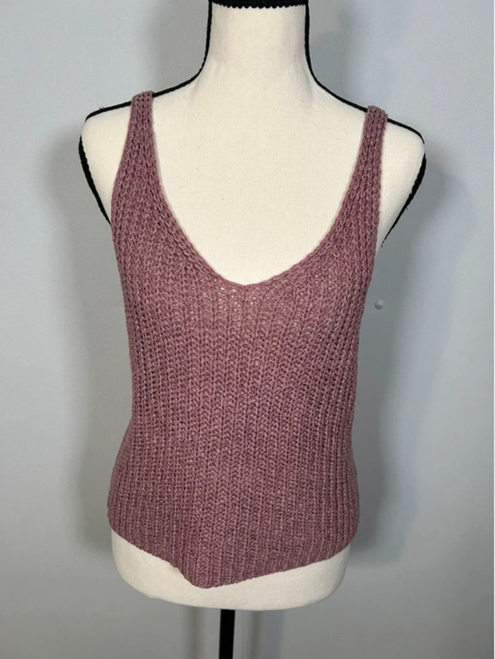 Mauve Dusty Rose Knit Tank Top Sleeveless Open Knit Scoop Neck Boho